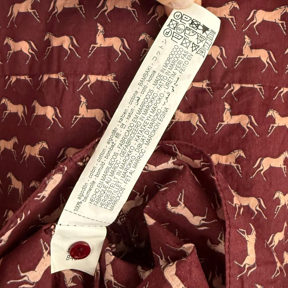 Zara Horse Print Shirt Ruffle Trim Women Size XL Burgundy Maroon Pink Slim Fit - Picture 5 of 7